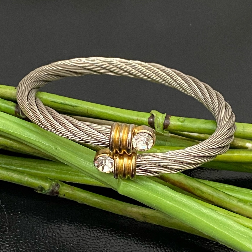 Unsigned Two-Tone Twisted Cable Open Cuff Cz End … - image 5